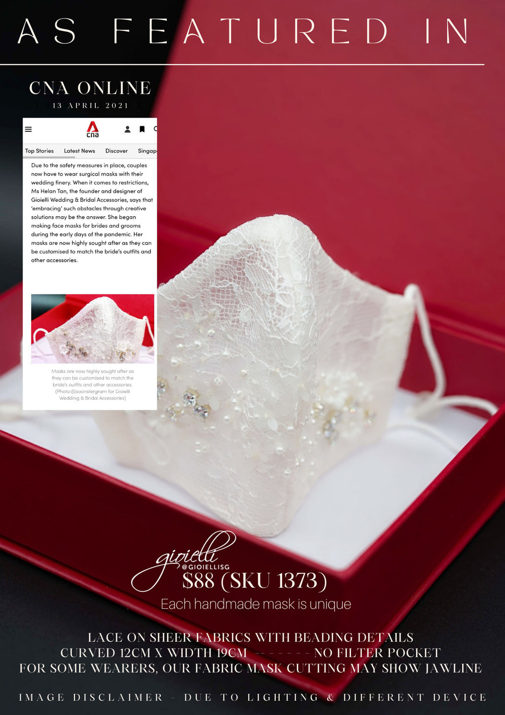 Gioielli CNA Bridal Lace Mask with Beadings on Sheer Fabrics by Helan Tan