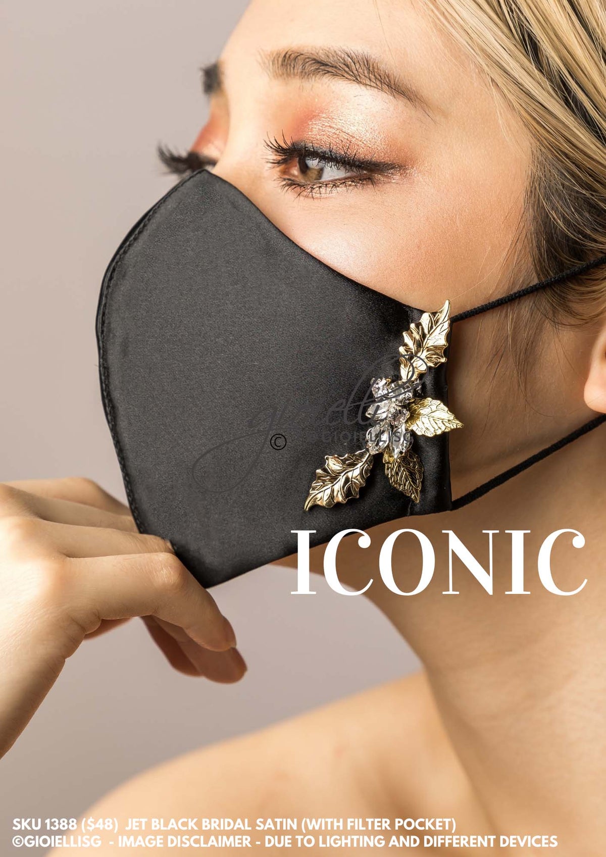 Gioielli Fashion Bridal Mask Iconic in Jet Black Bridal Satin by Helan Tan