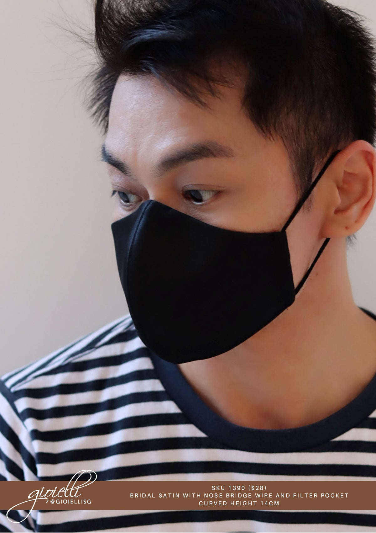 Gioielli Wedding Bridal Face Masks - Bridegroom / Men Mask - Black Bridal Satin Mask with Filter Pocket - Designed and handmade by Helan Tan
