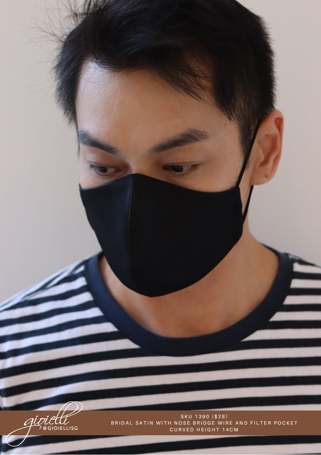 Gioielli Wedding Bridal Face Masks - Bridegroom / Men Mask - Black Bridal Satin Mask with Filter Pocket - Designed and handmade by Helan Tan