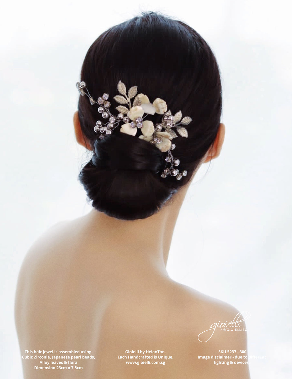 Gioielli Wedding Bridal Hair Accessories - Cubic Zirconia, Japanese Pearl Beads, Alloy leaves & flora Hair Piece - Designed and handmade by Helan Tan
