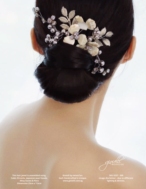 Gioielli Wedding Bridal Hair Accessories - Cubic Zirconia, Japanese Pearl Beads, Alloy leaves & flora Hair Piece - Designed and handmade by Helan Tan