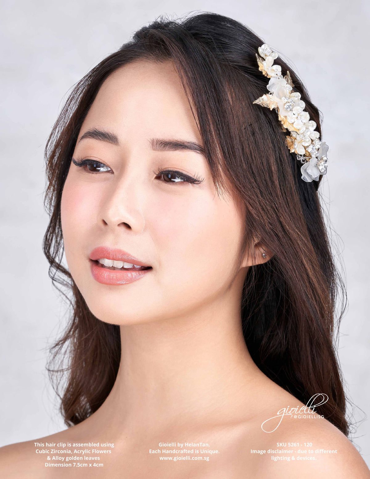 Gioielli Wedding Bridal Hair Accessories - Cubic Zirconia, Acrylic Flowers & Alloy golden leaves Hair Clip - Helan Tan