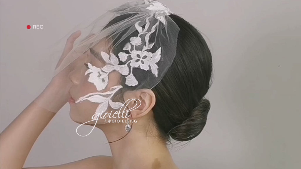 16c) Embroidered lace with Crystal beaded veil (Veil & Earrings) (video)