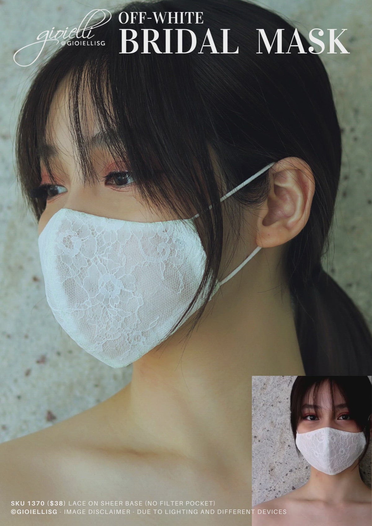 Gioielli Bridal Lace Mask on Sheer Fabric Base by Helan Tan