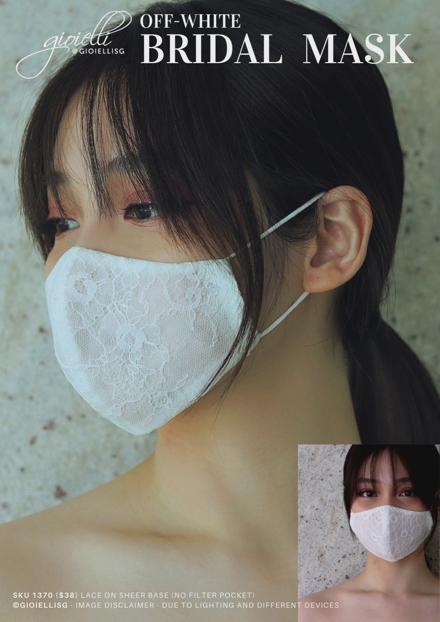 Gioielli Bridal Lace Mask on Sheer Fabric Base by Helan Tan