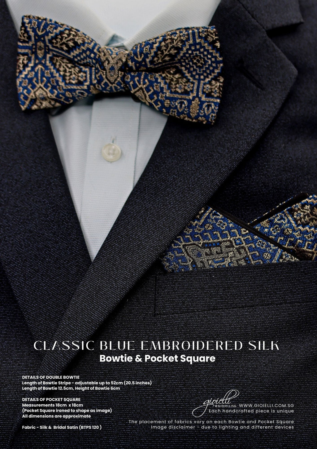 Gioielli Wedding Men Accessories - Classic Blue Embroidered Silk Bow Tie Pocket Square - gioiellisg - Helan Tan