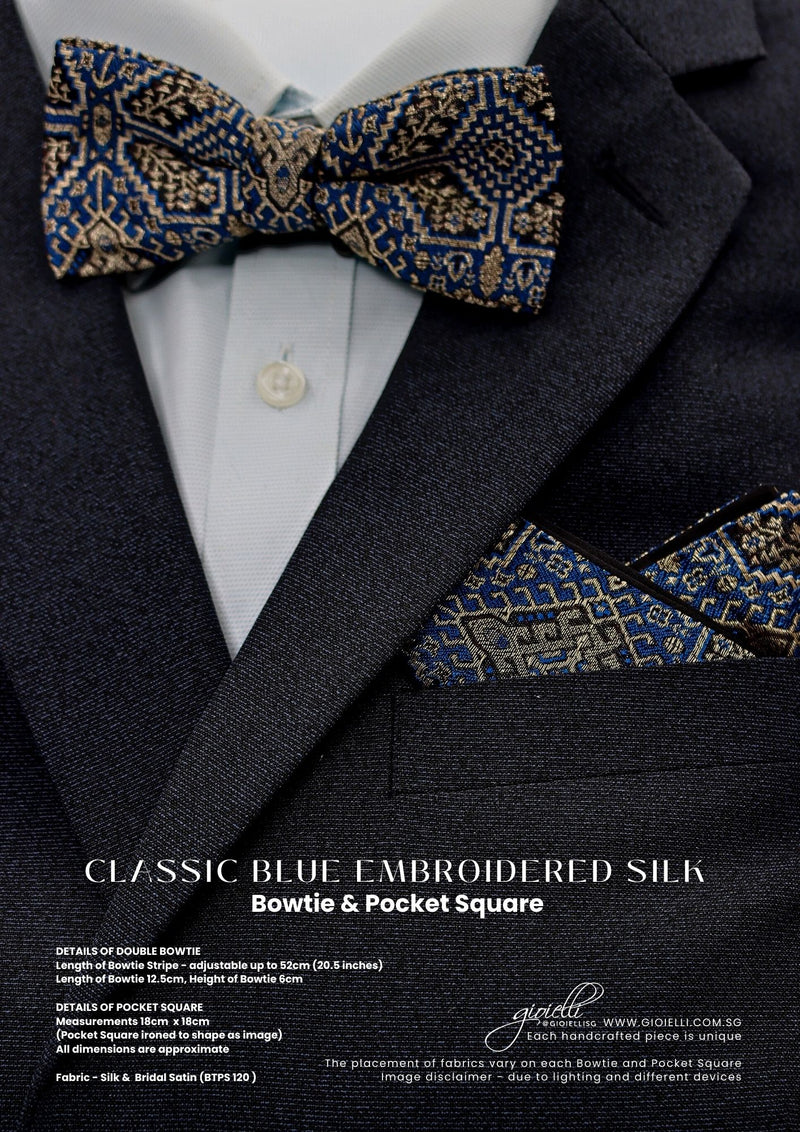 Gioielli Wedding Men Accessories - Classic Blue Embroidered Silk Bow Tie Pocket Square - gioiellisg - Helan Tan