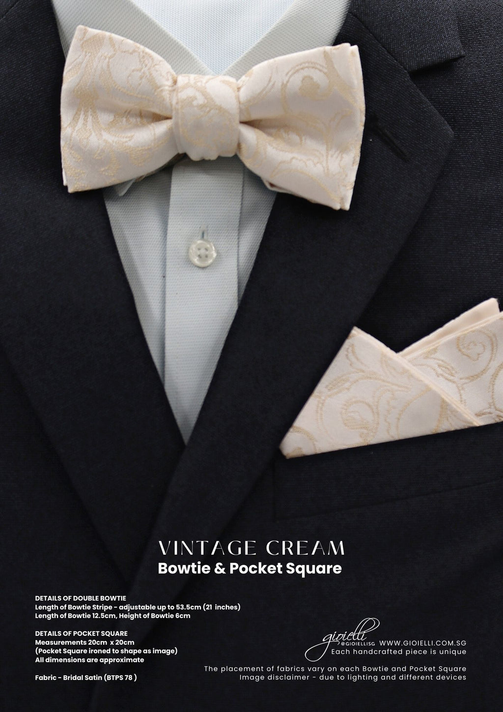 Gioielli Wedding Men Accessories - Vintage Cream Bow Tie Pocket Square - gioiellisg - Helan Tan